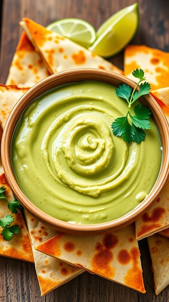 Creamy avocado dipping sauce in a bowl with cilantro, served with quesadilla wedges on a wooden table.